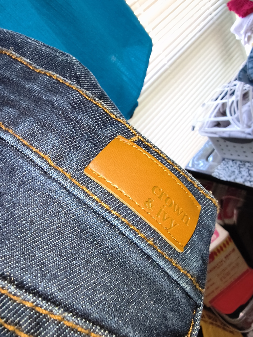 Crown & Ivy Women's Dark Blue Jeans with Contrasting Orange Stitching